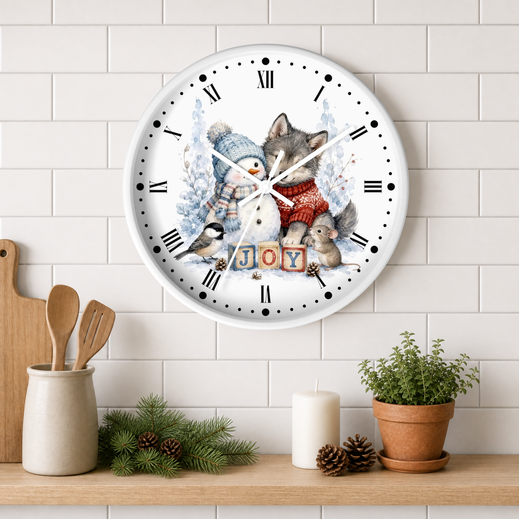 A round white wall clock with a festive snowman and  winter animal illustration and the word "JOY" in block letters, mounted on a white subway tile wall above a wooden shelf with kitchen decor and a potted plant.