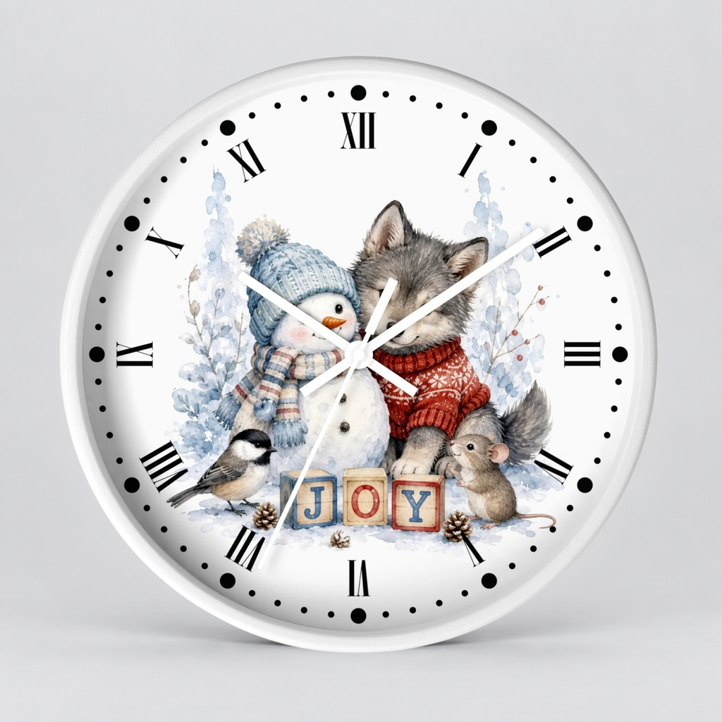 A round white wall clock with black Roman numerals and hour markers, featuring a festive winter illustration on the face with a snowman, gray wolf, mouse, bird, and the word 'JOY' in wooden blocks.