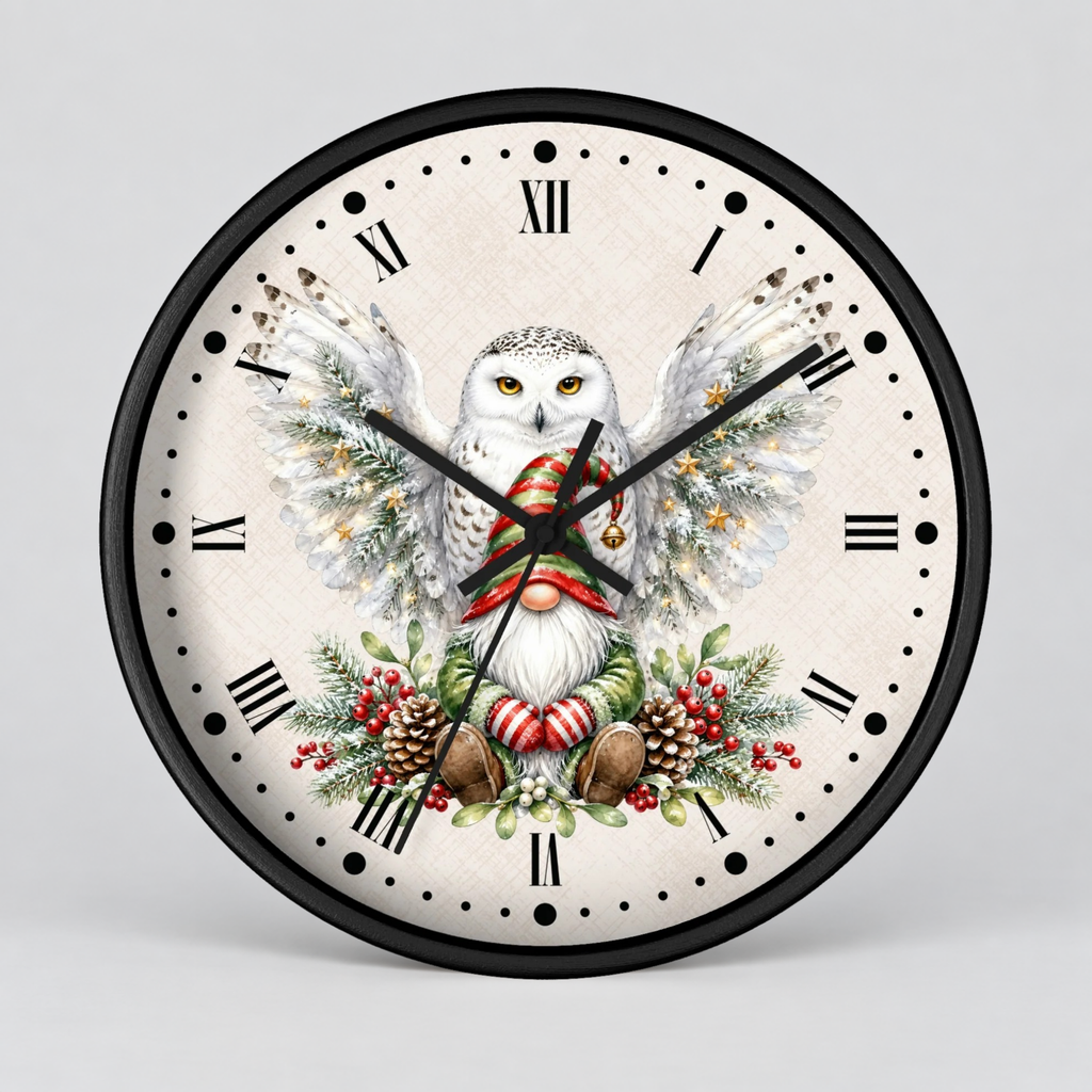 A round wall clock with a black frame and Roman numerals, featuring a festive illustration of a snowy owl with outstretched wings, a red Santa hat, and holiday greenery on a light cream background.
