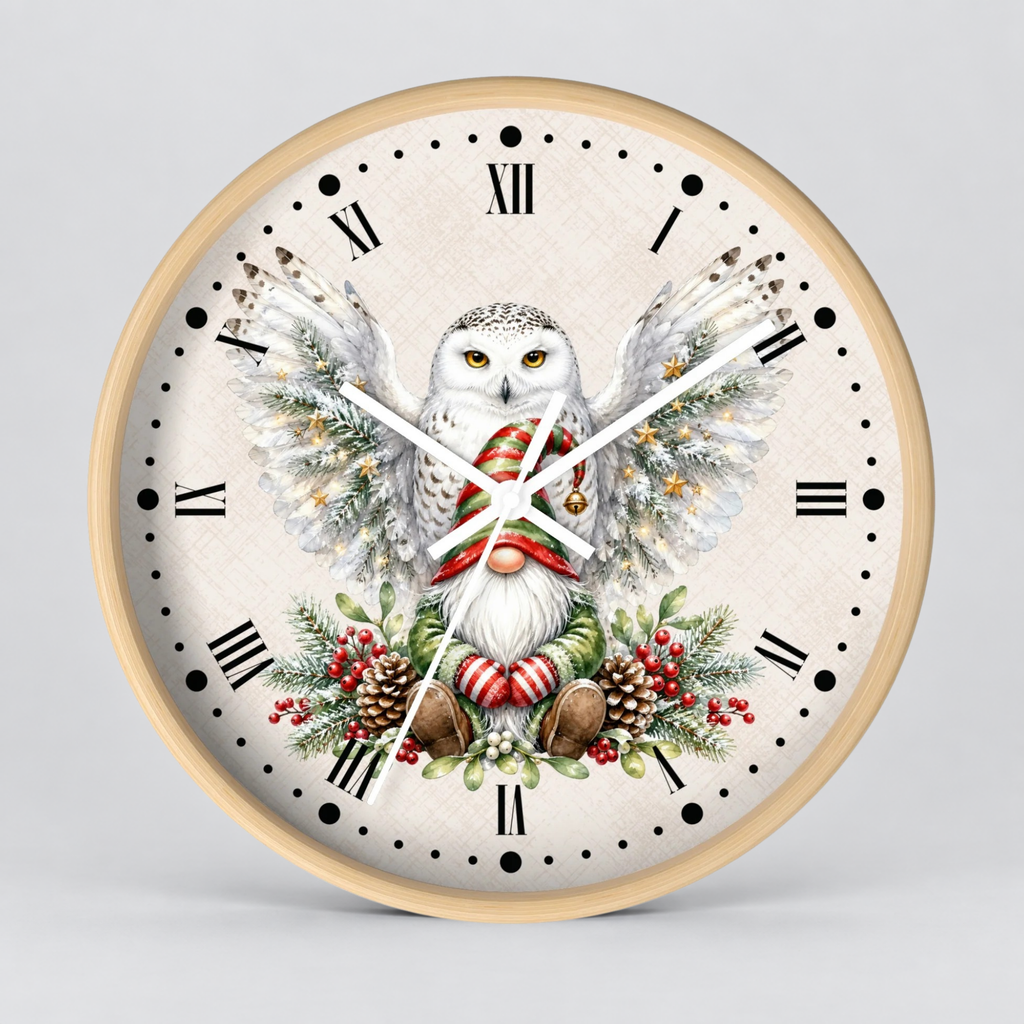 A round wall clock with a light wood frame and a festive printed dial featuring a snowy owl with outstretched wings, red holiday accents, pinecones, and evergreen branches on a light beige background.
