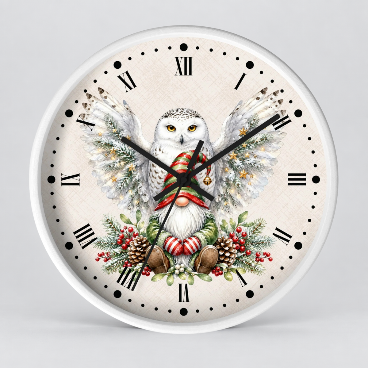 A round wall clock with a white frame and a festive Christmas owl illustration on the face. The clock features Roman numerals, black hands, and a detailed design of a white owl with outstretched wings, a red Santa hat, and holiday greenery and pinecones.