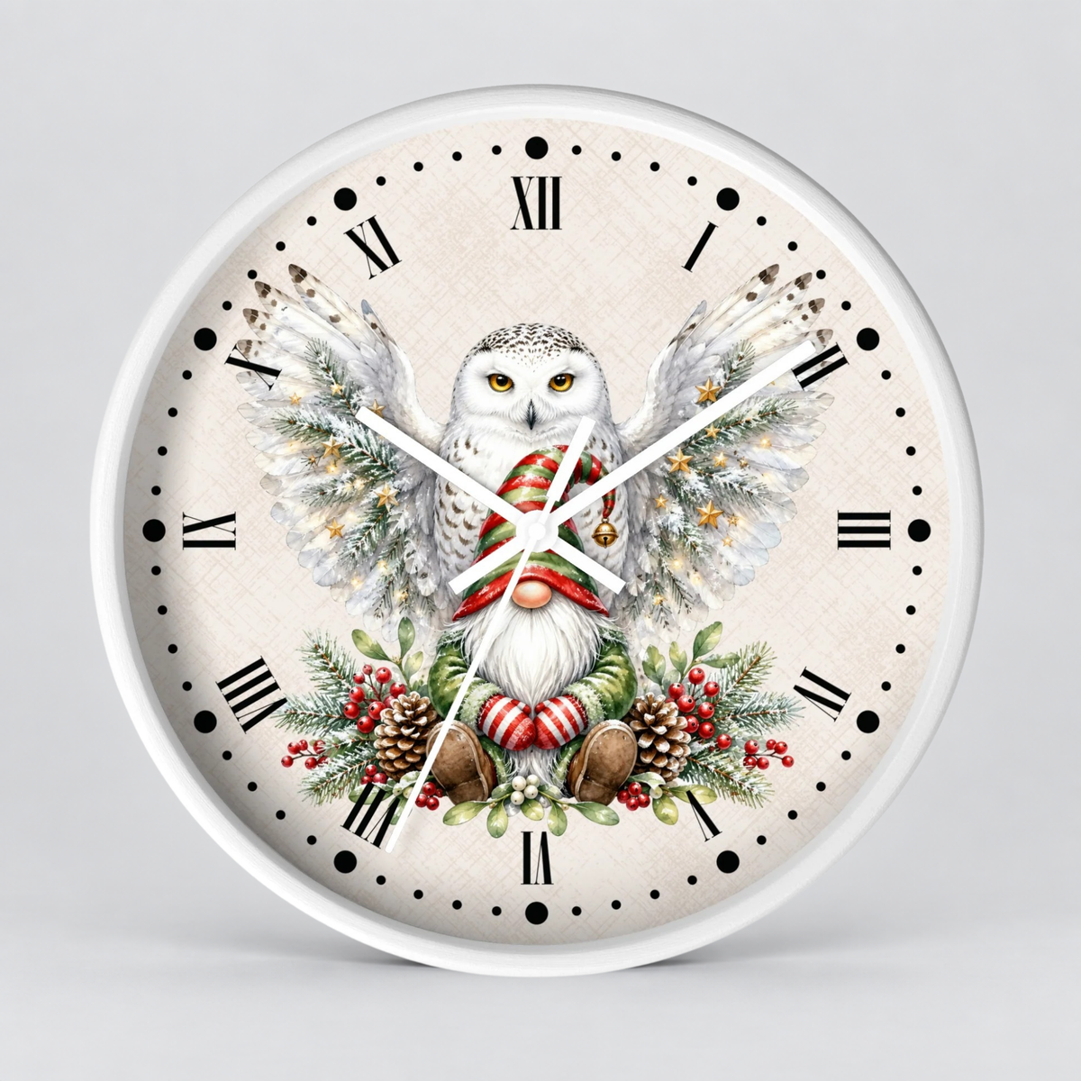 A round wall clock with a white frame and a festive owl illustration on the face. The clock features black Roman numerals, white hands, and a detailed design of a snowy owl with wings, a red-and-white striped scarf, green pine branches, pinecones, and red berries on a light beige background.