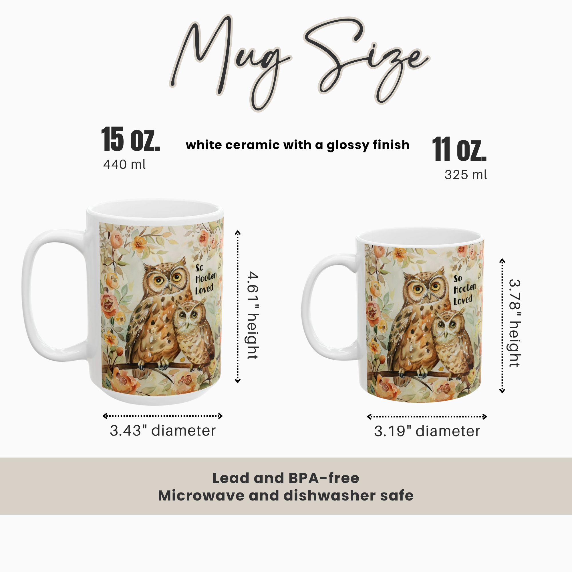 15oz & 11oz mugs with owl design, showing size comparison and measurements.