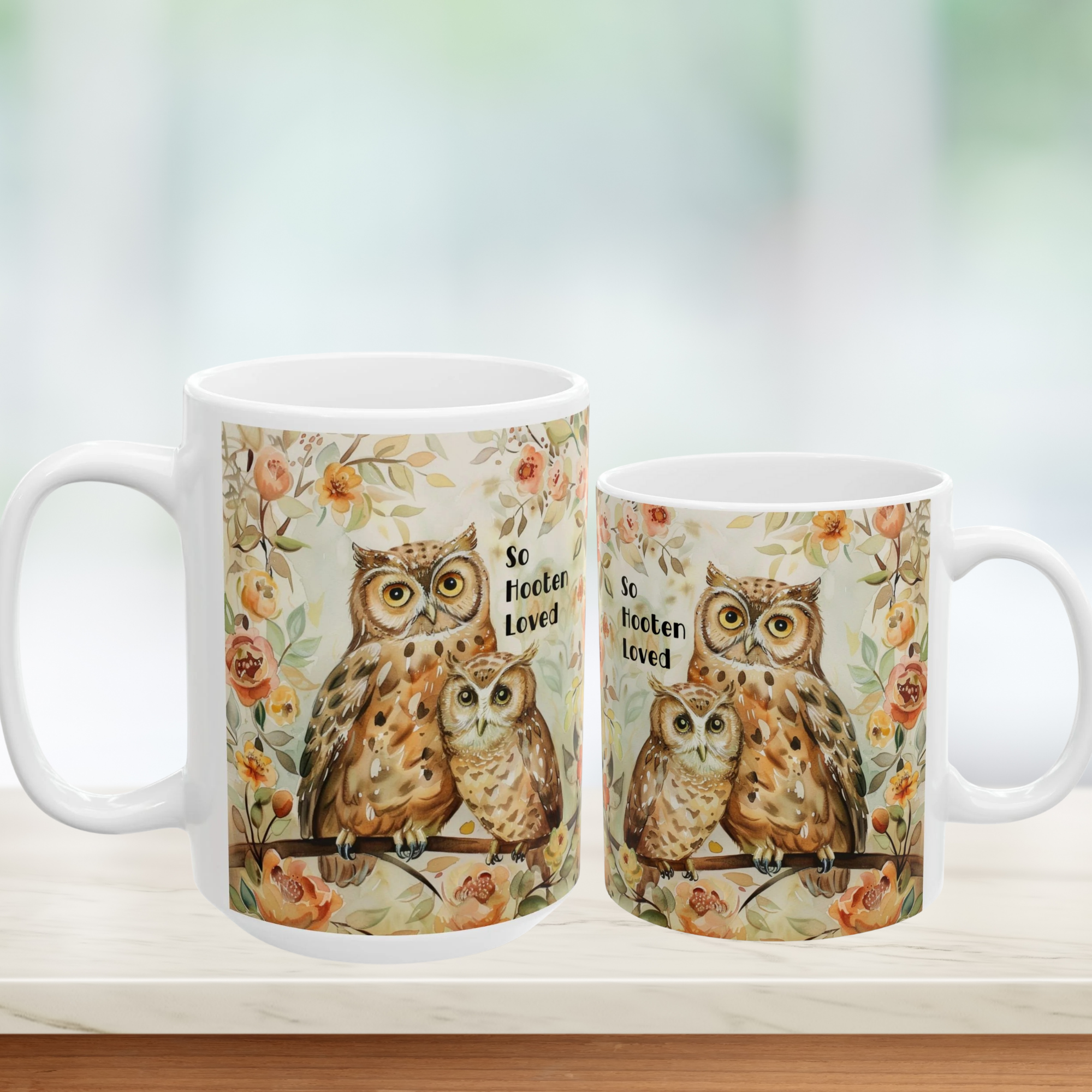15oz & 11oz  mugs with owl design and floral patterns on a light background