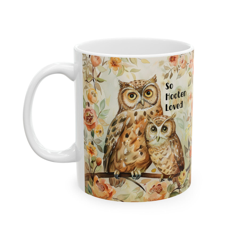 11 oz Mug with owl design and floral elements on a white background