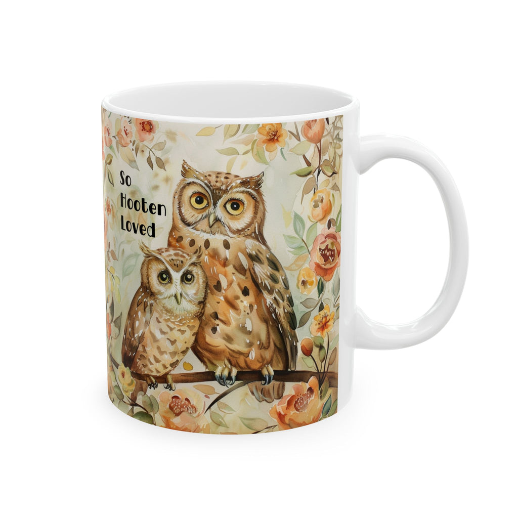 11 oz Mug with owl design and floral elements on a white background