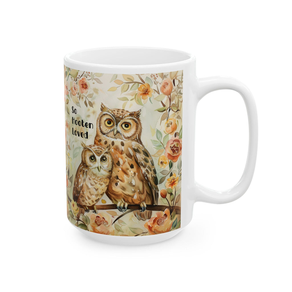 15 oz White mug with owl design and floral elements on a white background