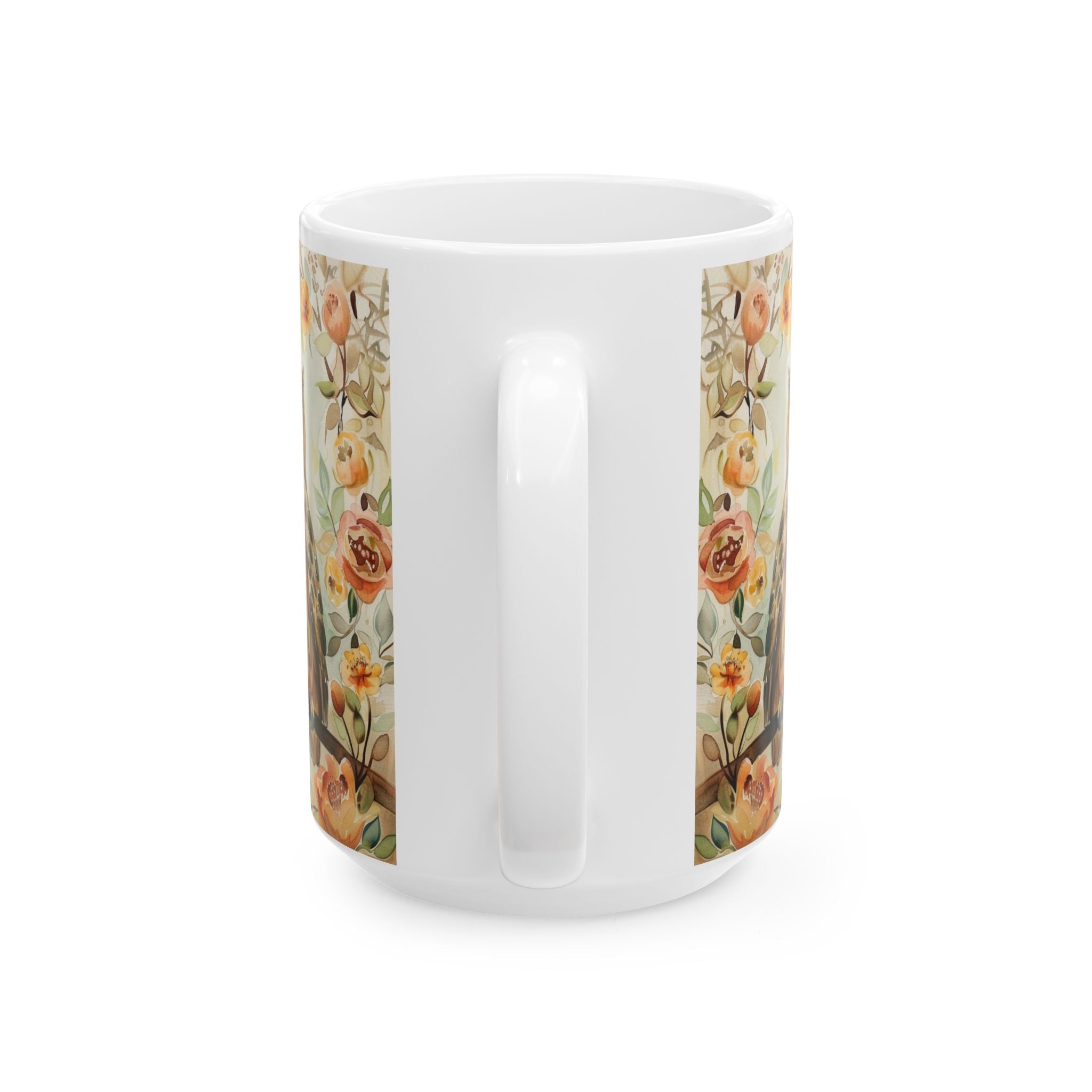 Back side of 15 oz white mug with floral pattern on a white background