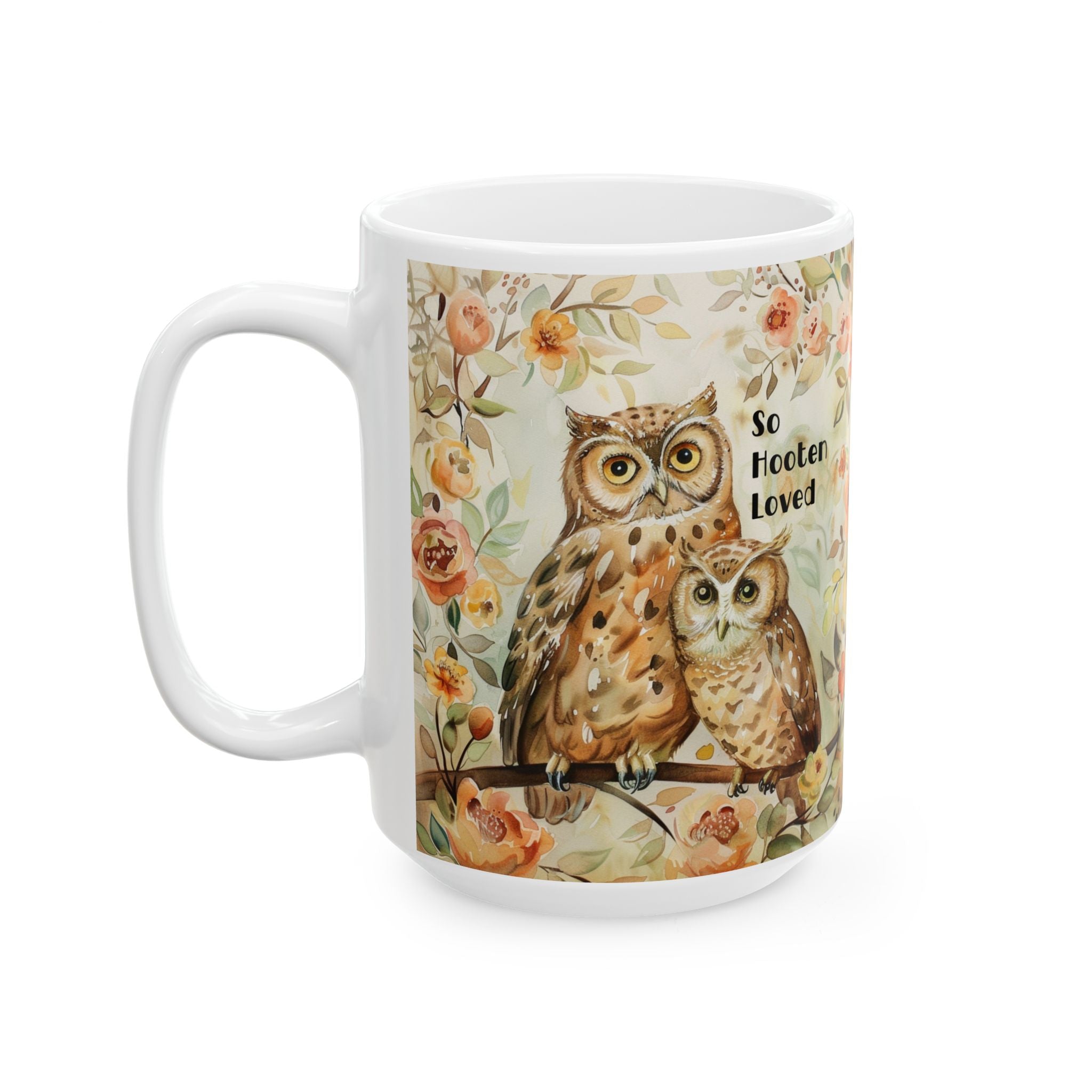 15 oz. Mug with owl design and floral pattern on a white background