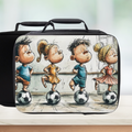 Black lunch bag with cartoon characters on a wooden surface