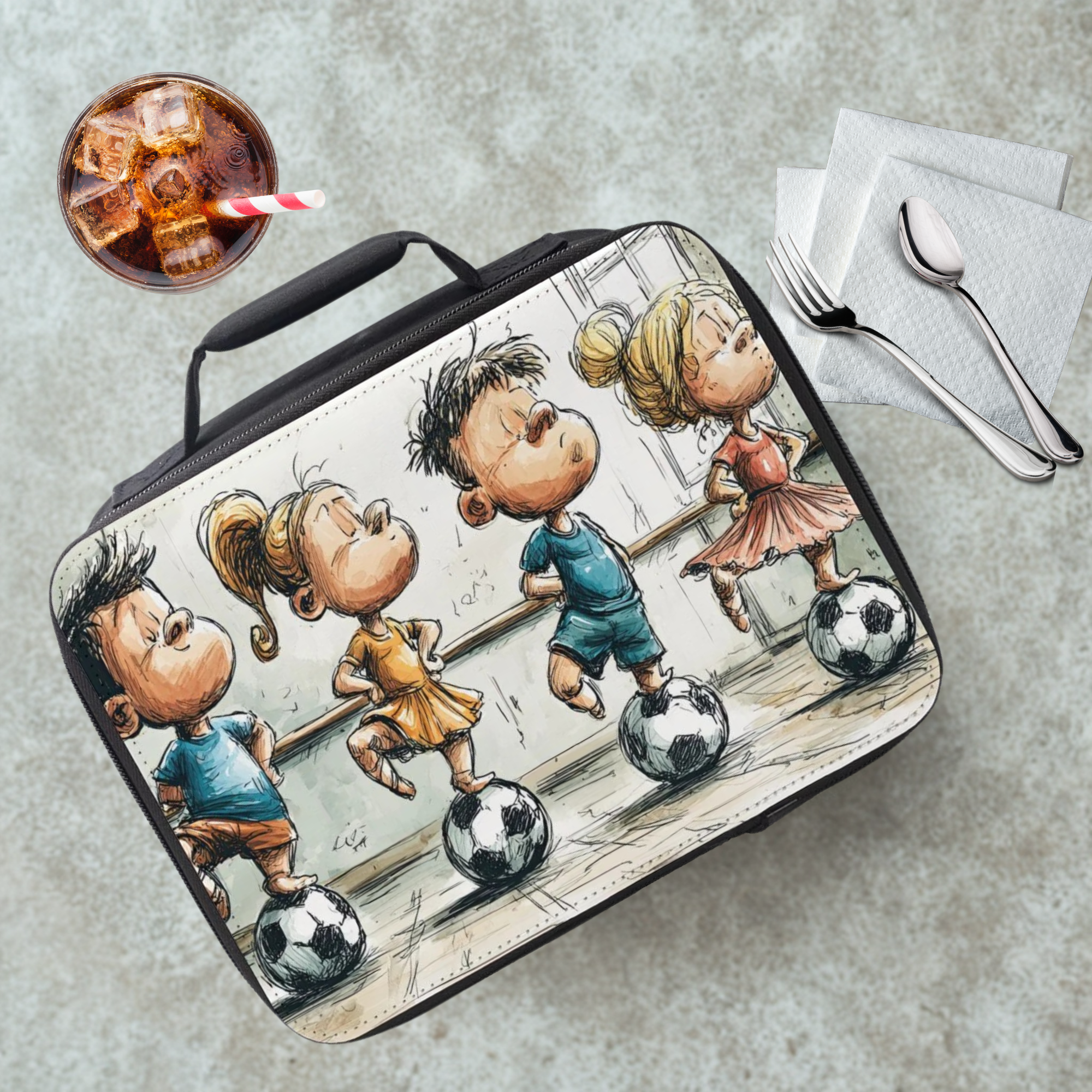 Lunch bag with cartoon design of children standing on  soccer balls on a cafeteria table with a drink and utensils.