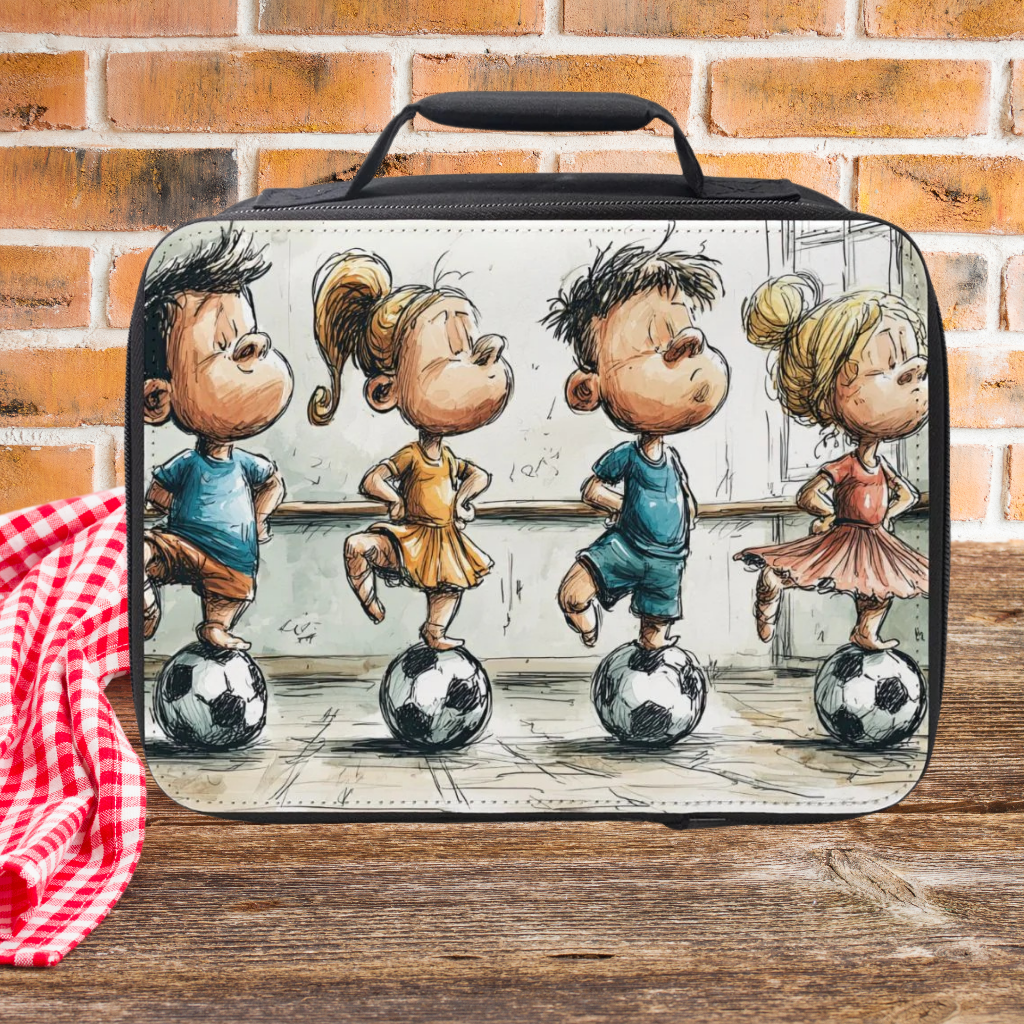 Lunch bag with cartoon designs of children on a wooden surface and brick wall background