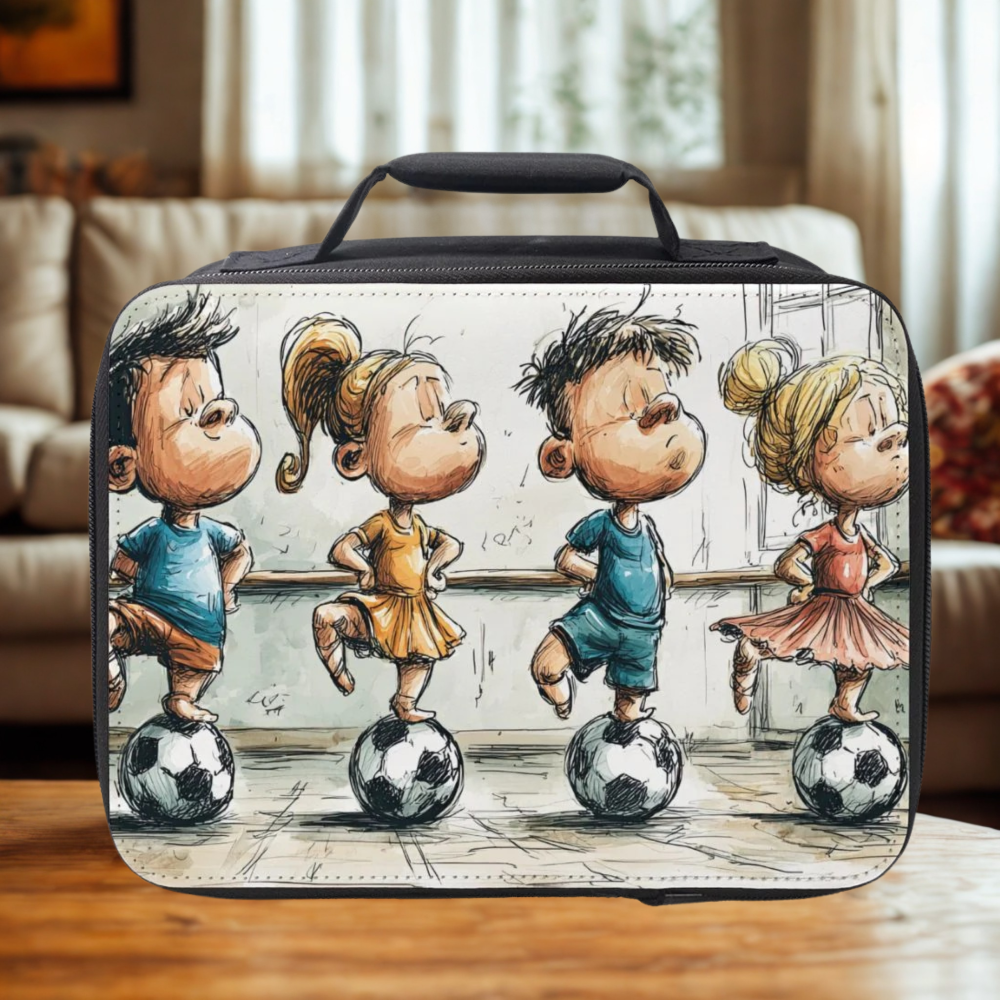 Lunch bag with cartoon design of children playing sports on a wooden surface