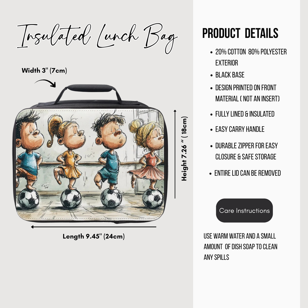 Insulated lunch bag with cartoon design of children playing soccer, featuring product details on a white background.