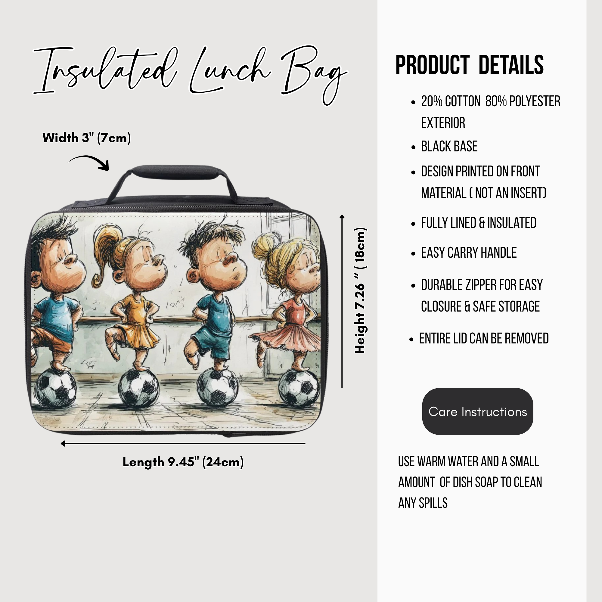 Insulated lunch bag with cartoon design of children playing soccer, featuring product details on a white background.