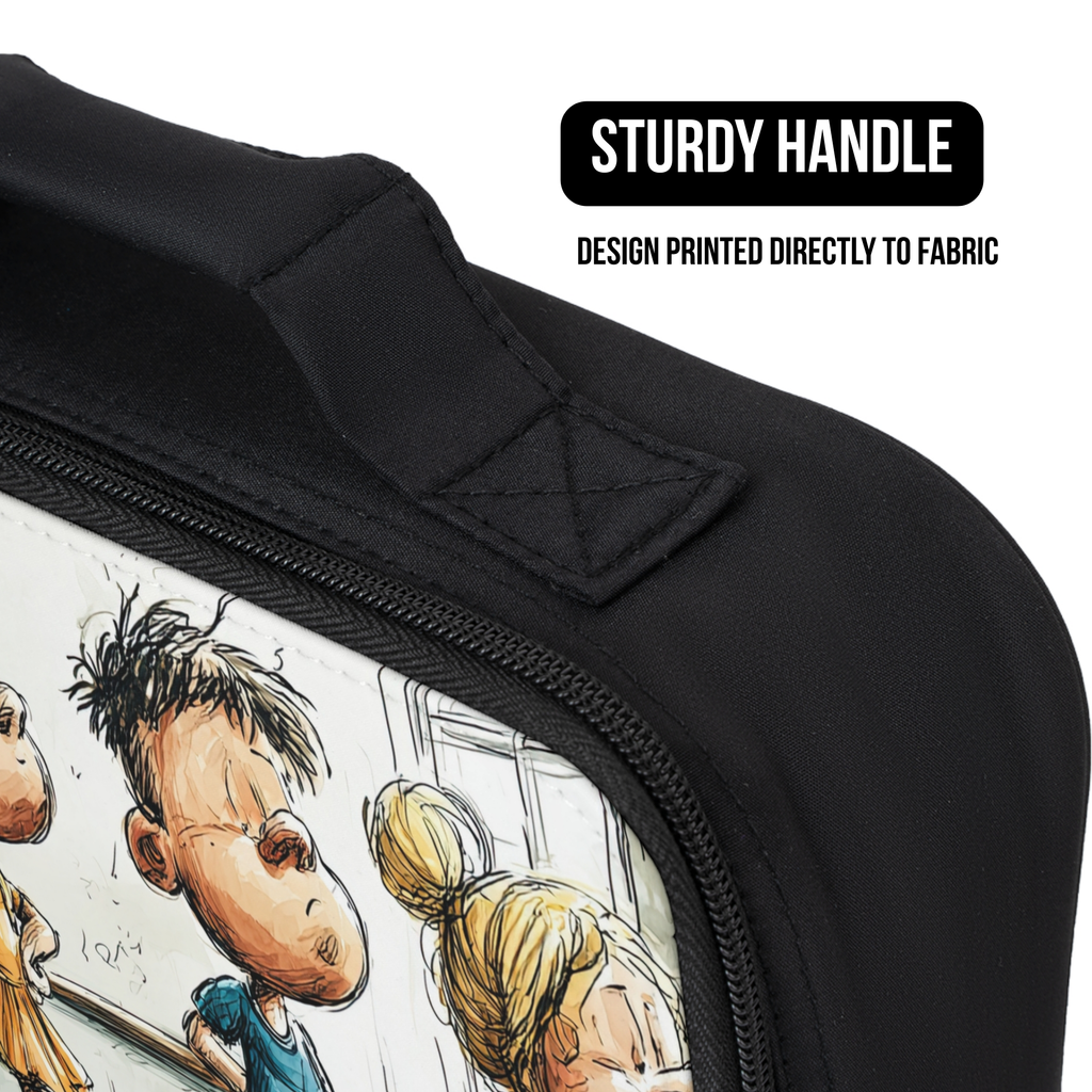 Black lunch bag with cartoon design of children on a white background