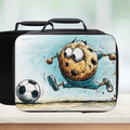  insulated lunch bag with cartoon character chocolate chip cookie kicking a soccer ball design on a light background