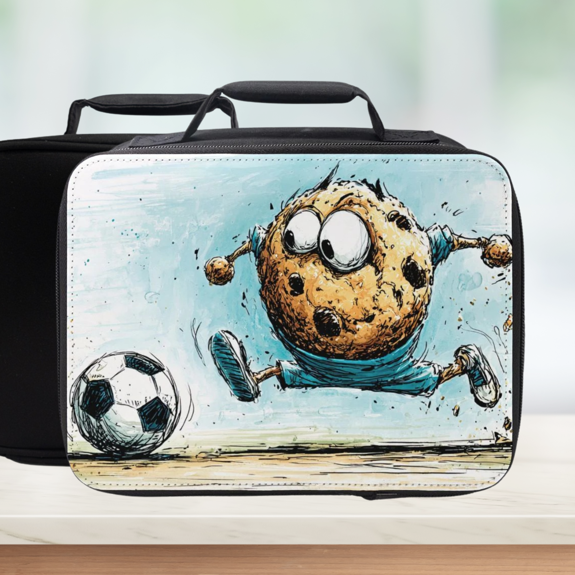  insulated lunch bag with cartoon character chocolate chip cookie kicking a soccer ball design on a light background