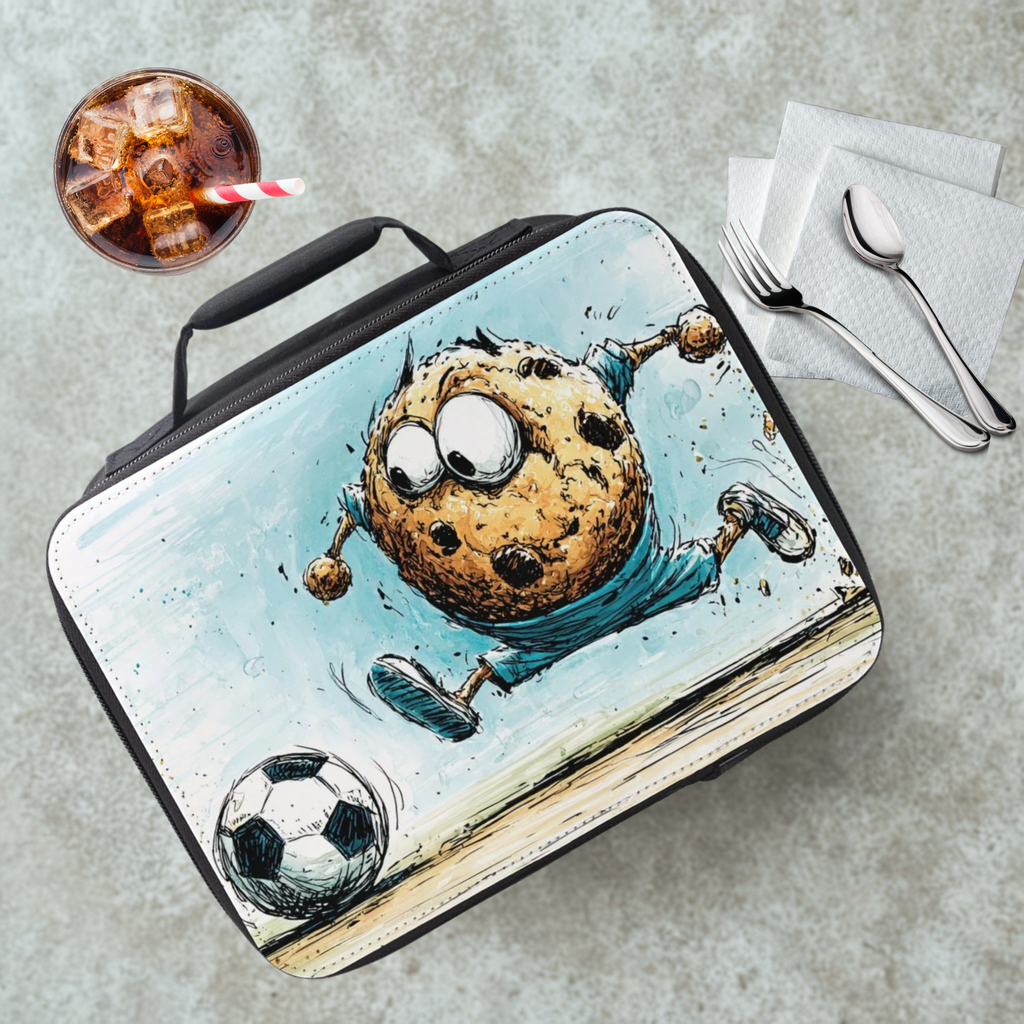 Lunch bag with a cookie character design on a cafeteria table with a drink and utensils.