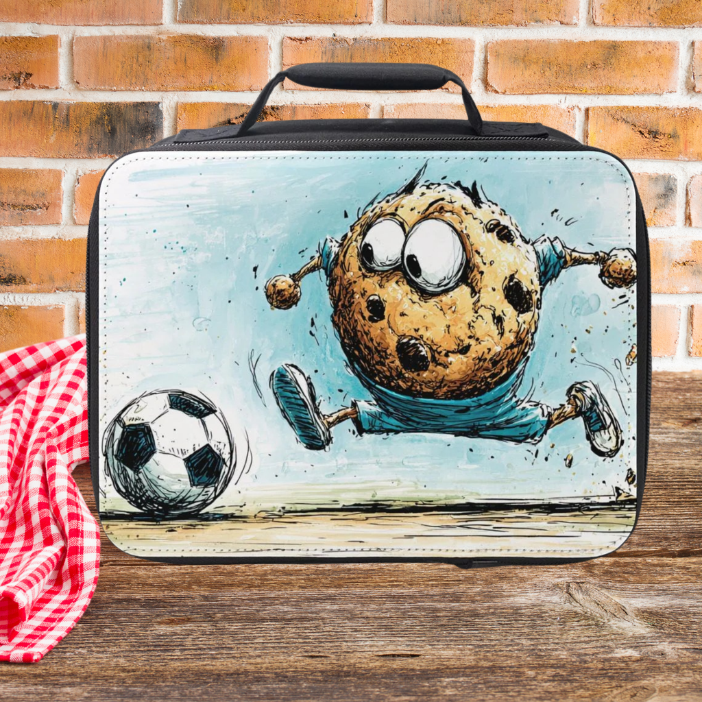 Lunch bag with cartoon character playing soccer on a wooden picnic table against a brick wall background
