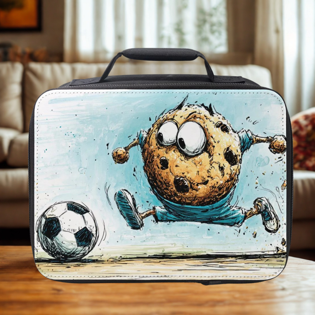 Lunch bag with a chocolate chip cookie character playing soccer on a blue background sitting on a wooden living room table.