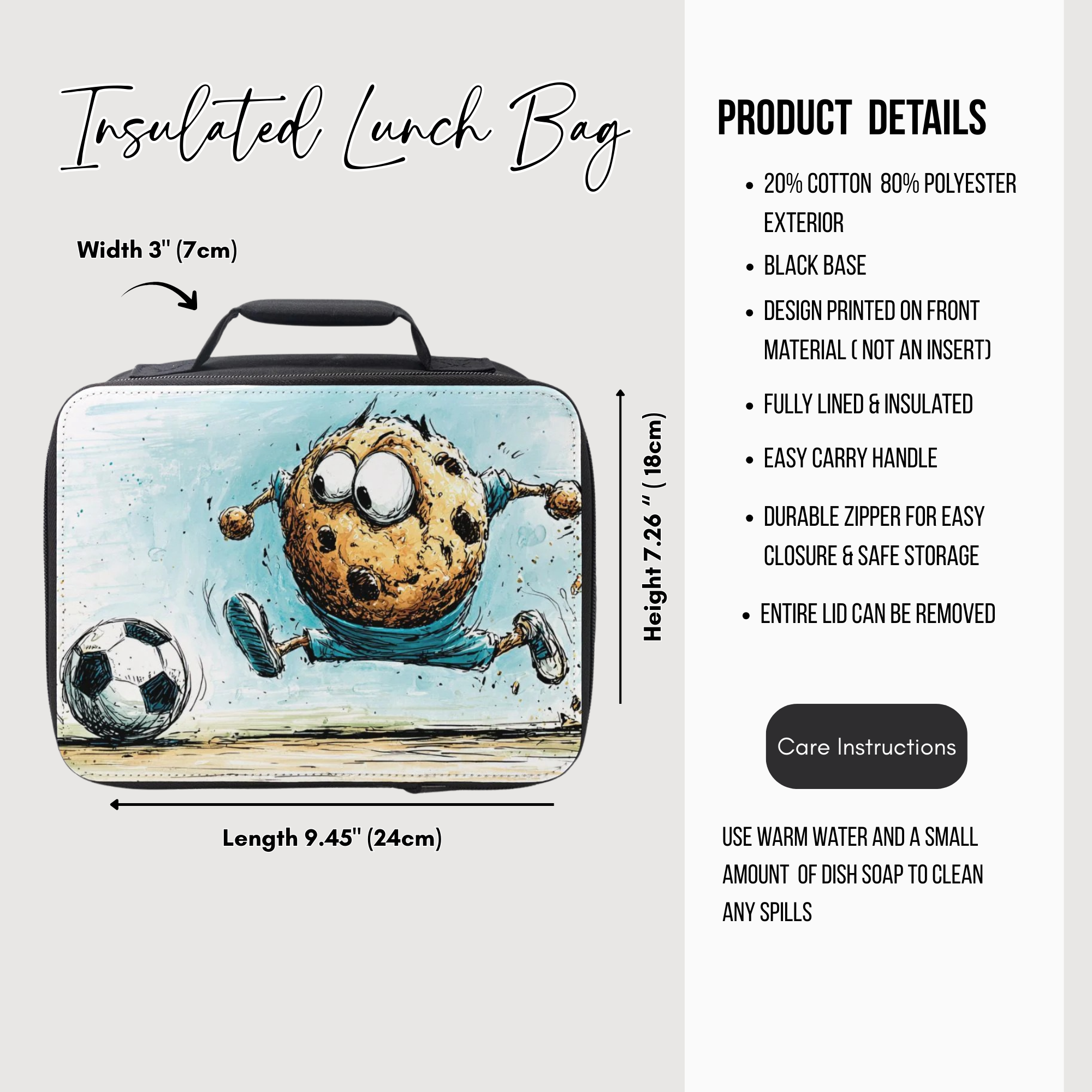 Insulated lunch bag with cartoon cookie design and product details on a white background