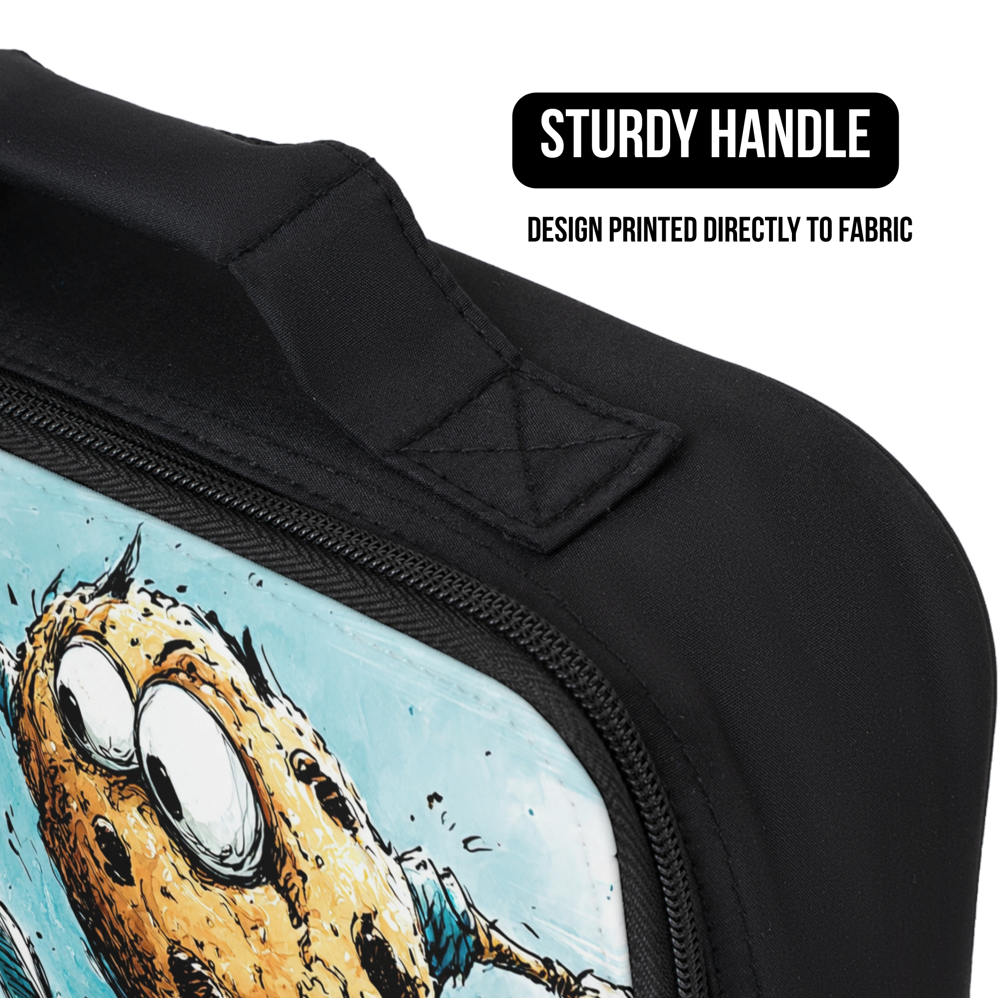 Black bag with a cartoon character design and 'Sturdy Handle' text on a white background