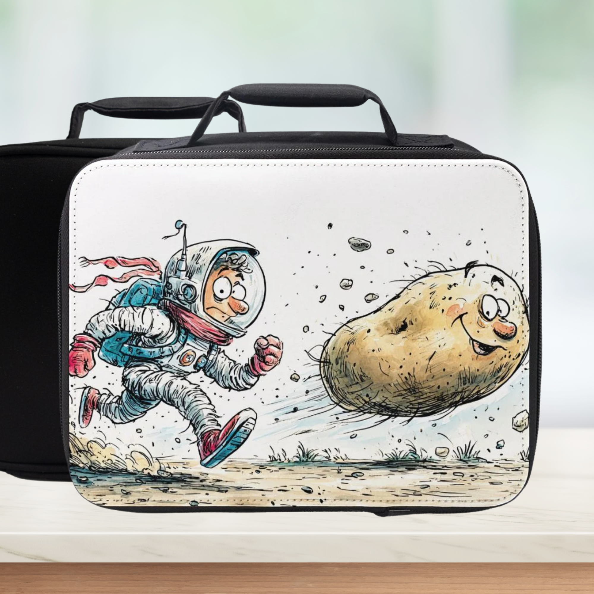 Black lunch bag with an astronaut and potato design on a white background