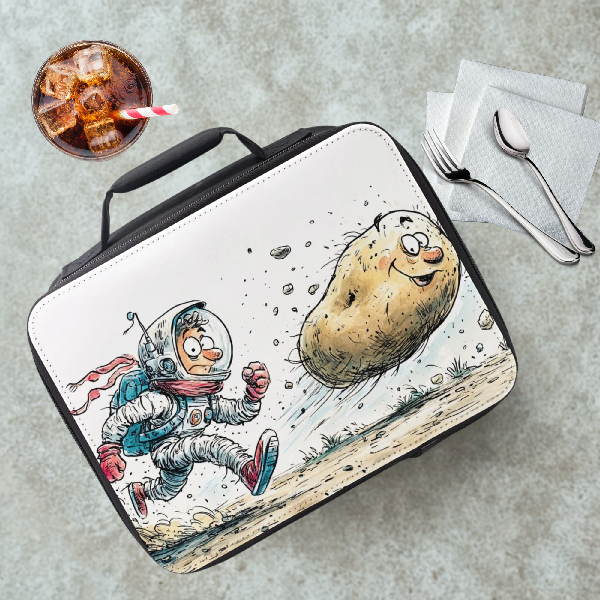Lunch bag with an astronaut and potato design on a cafeteria table with a drink and utensils.