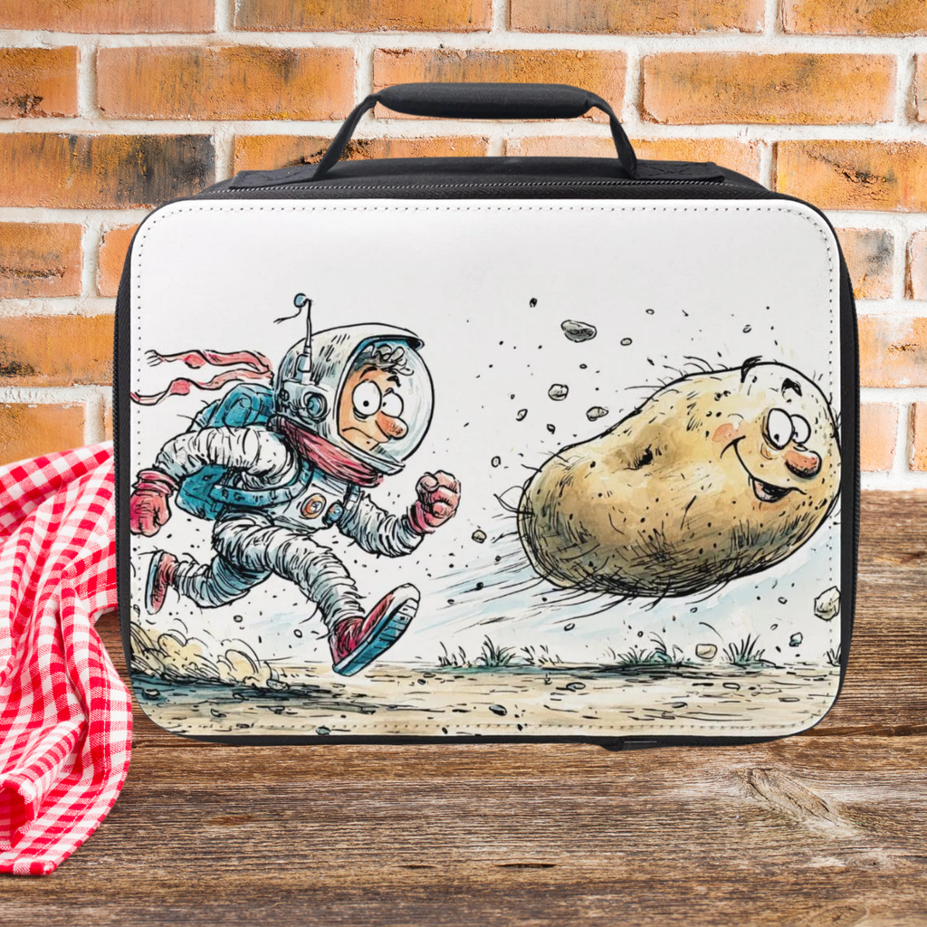 Lunch bag with an astronaut and potato design on a picnic table against a brick wall background