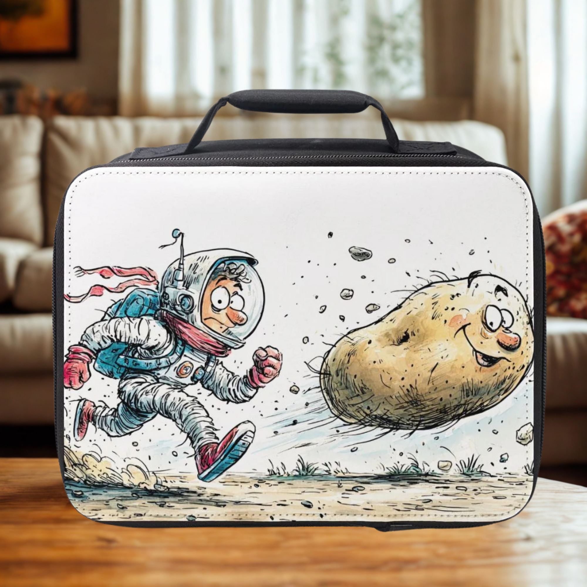 Lunch bag with an astronaut and potato design on a wooden table in a living room