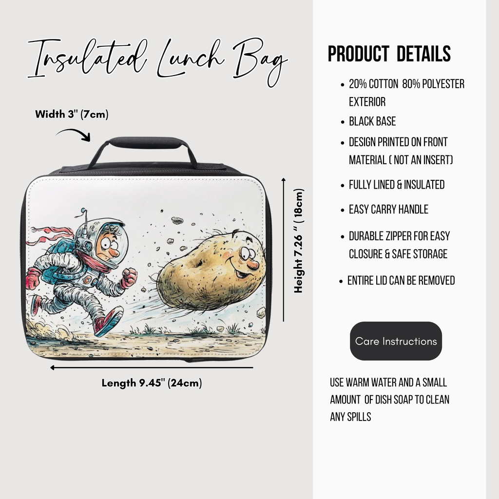 Insulated lunch bag with astronaut and potato design, featuring product details on a white background.