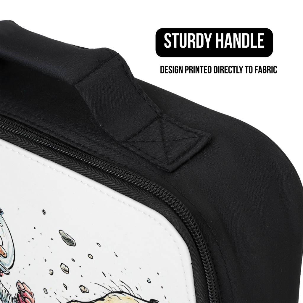Black lunch bag with a design printed directly to fabric and a sturdy handle feature.