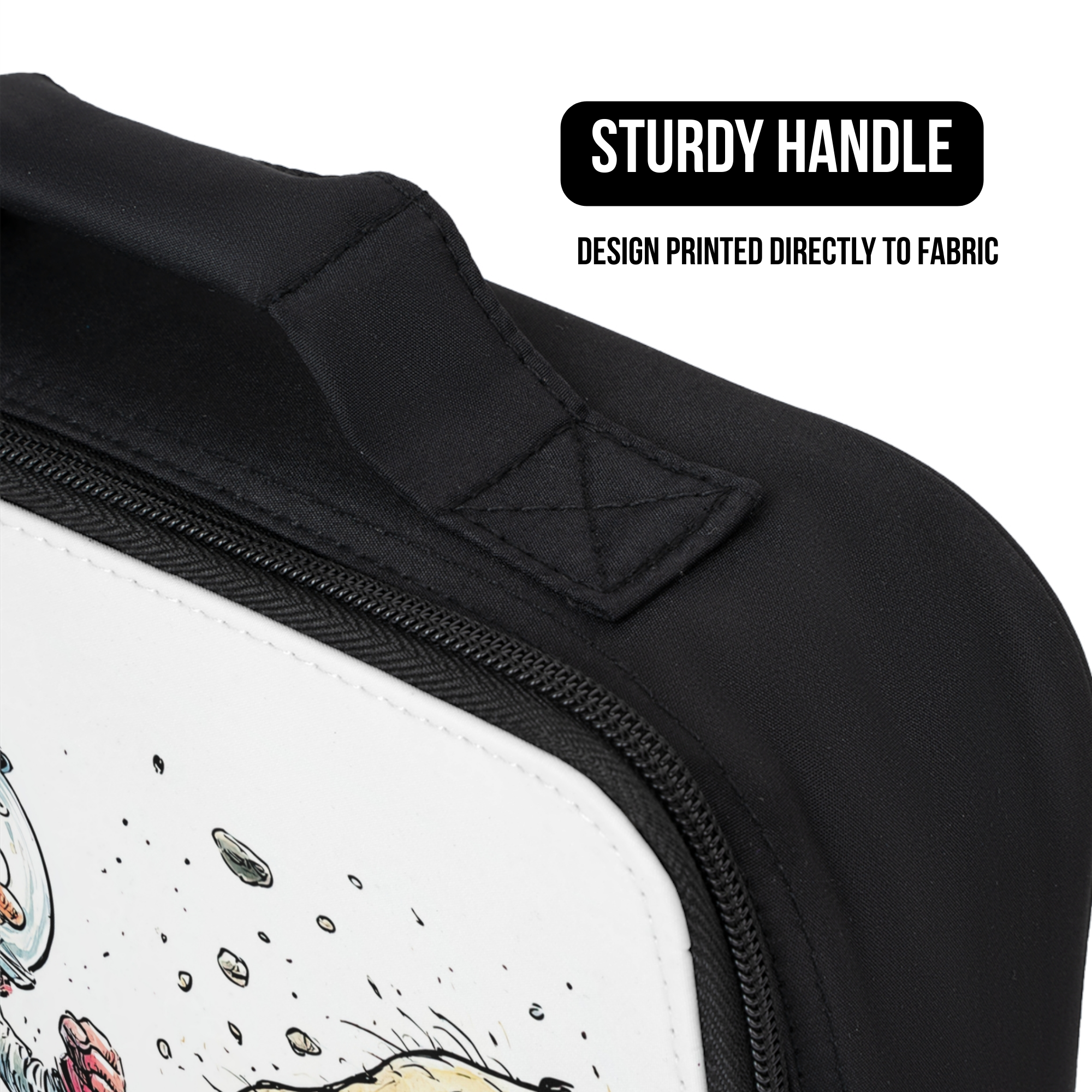 Black lunch bag with a design printed directly to fabric and a sturdy handle feature.