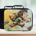 Lunch bag with a cartoon character running with a sandwich on a colorful background