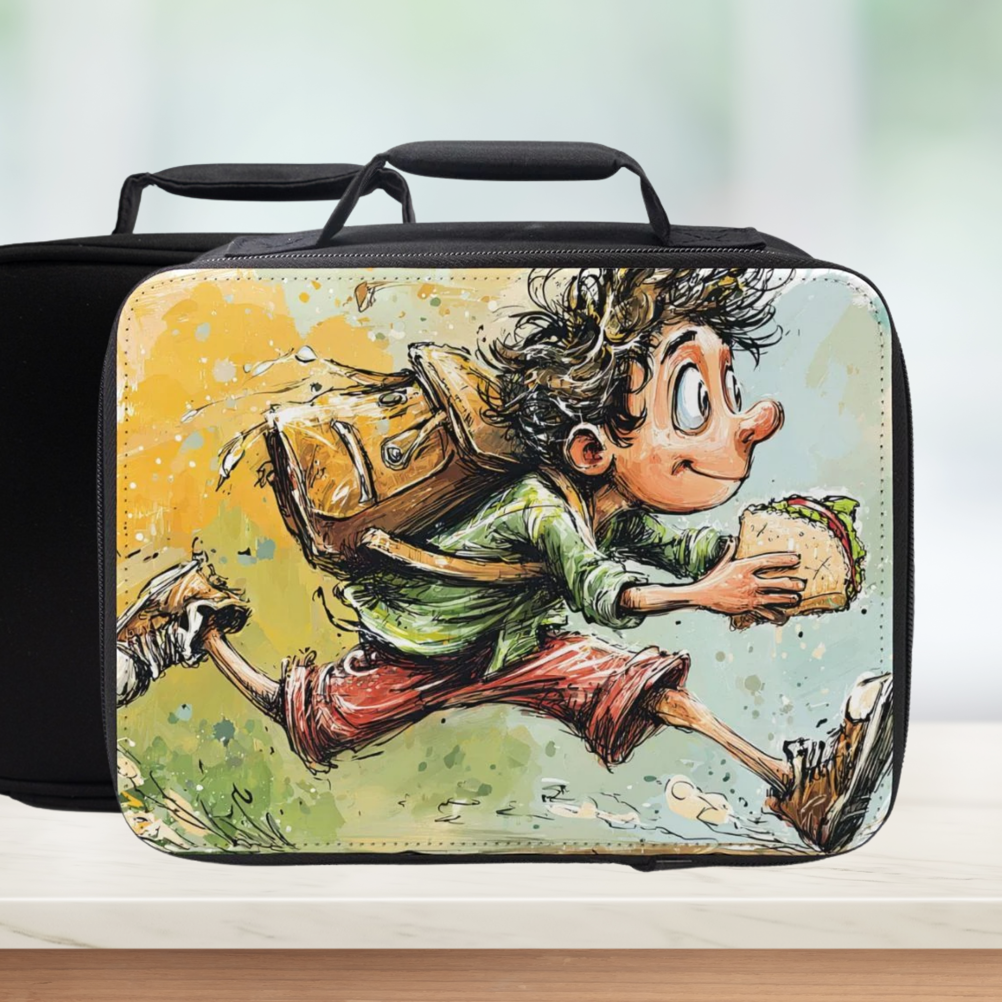 Lunch bag with a cartoon character running with a sandwich on a colorful background