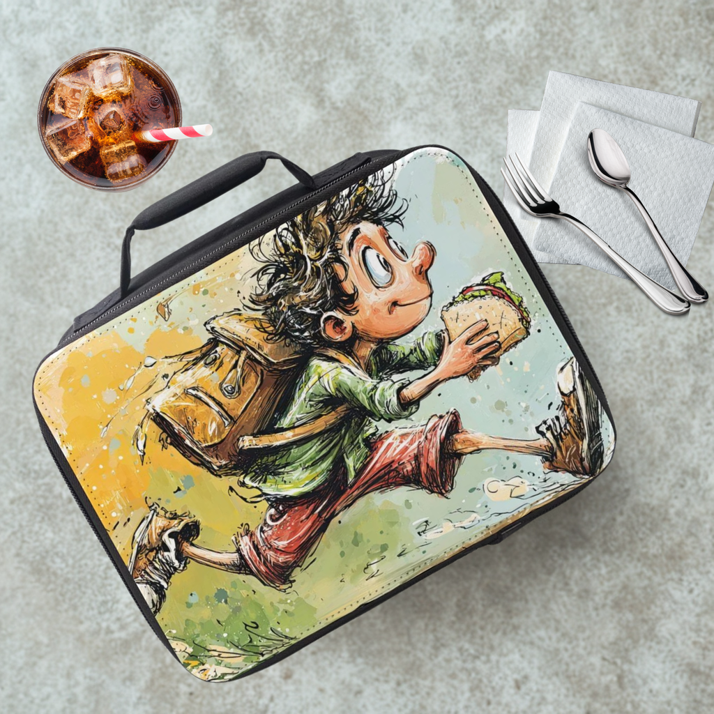 Lunch bag with a cartoon character running with a sandwich on a cafeteria table with a drink and utensils.