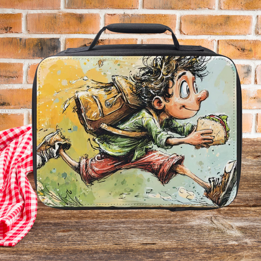 Lunch bag with a cartoon character running and holding a sandwich sitting on a picnic table against a brick wall background