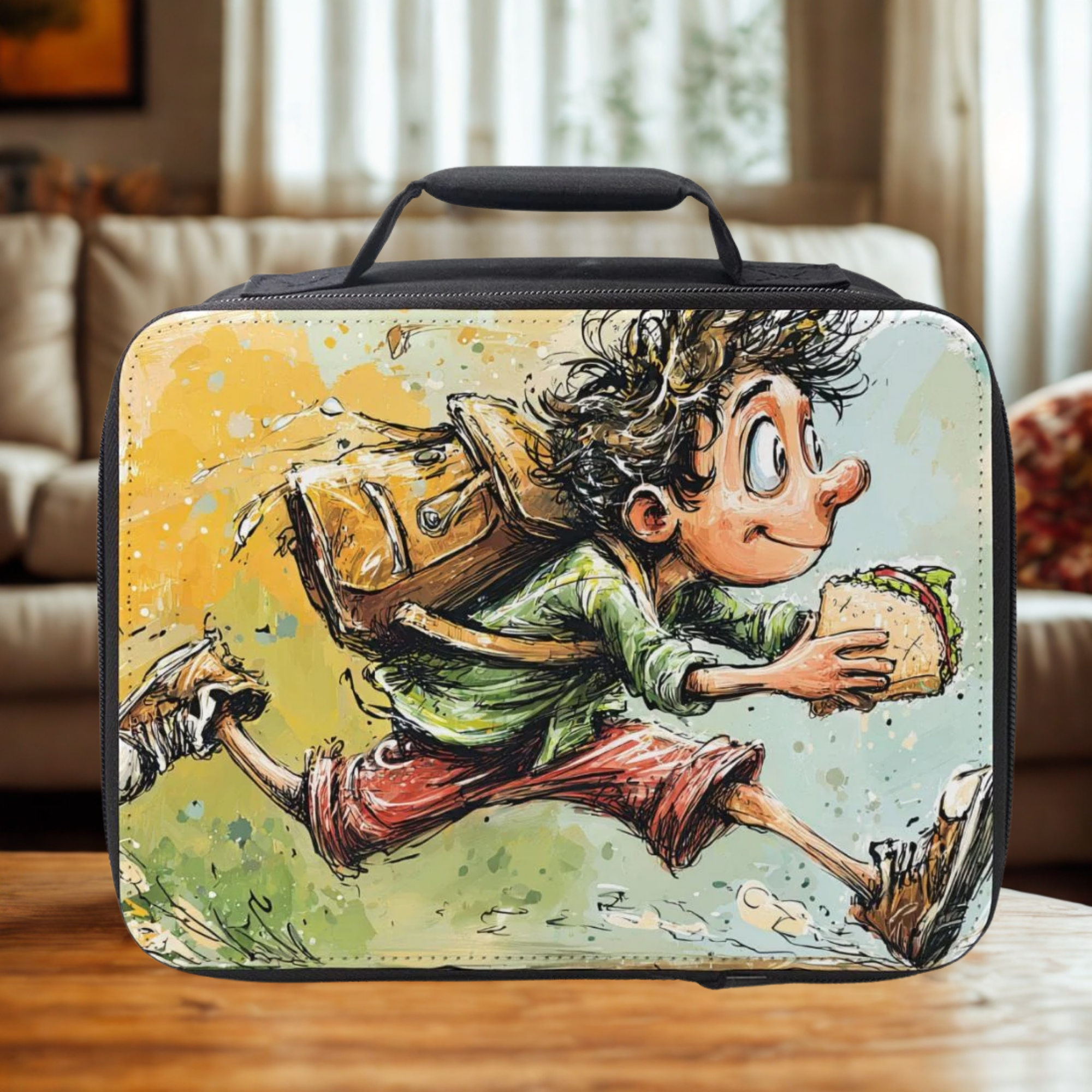 Lunch bag with a cartoon character running and holding a sandwich on a wooden living room table.