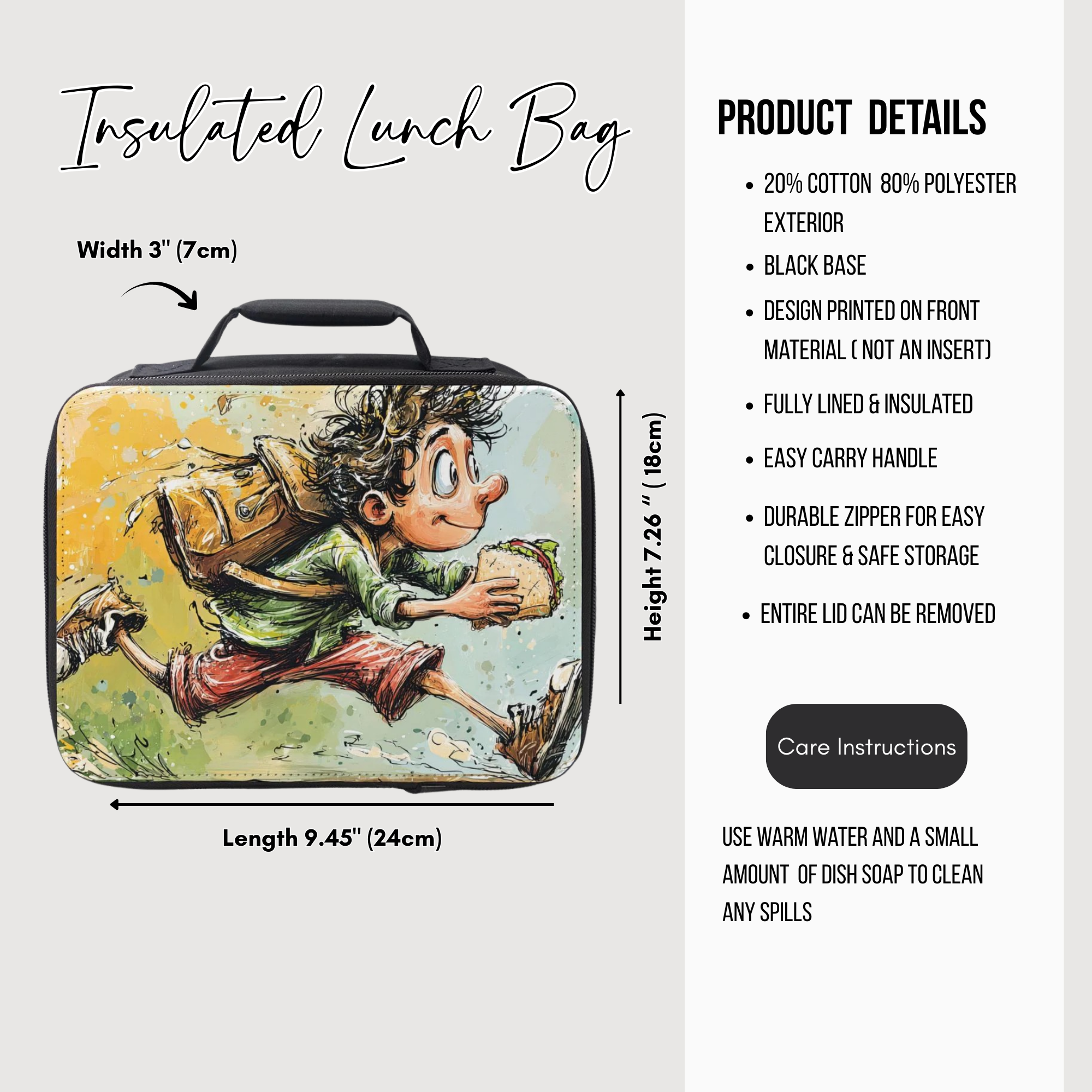 Insulated lunch bag with cartoon design of a boy running with a sandwich and product details on a white background