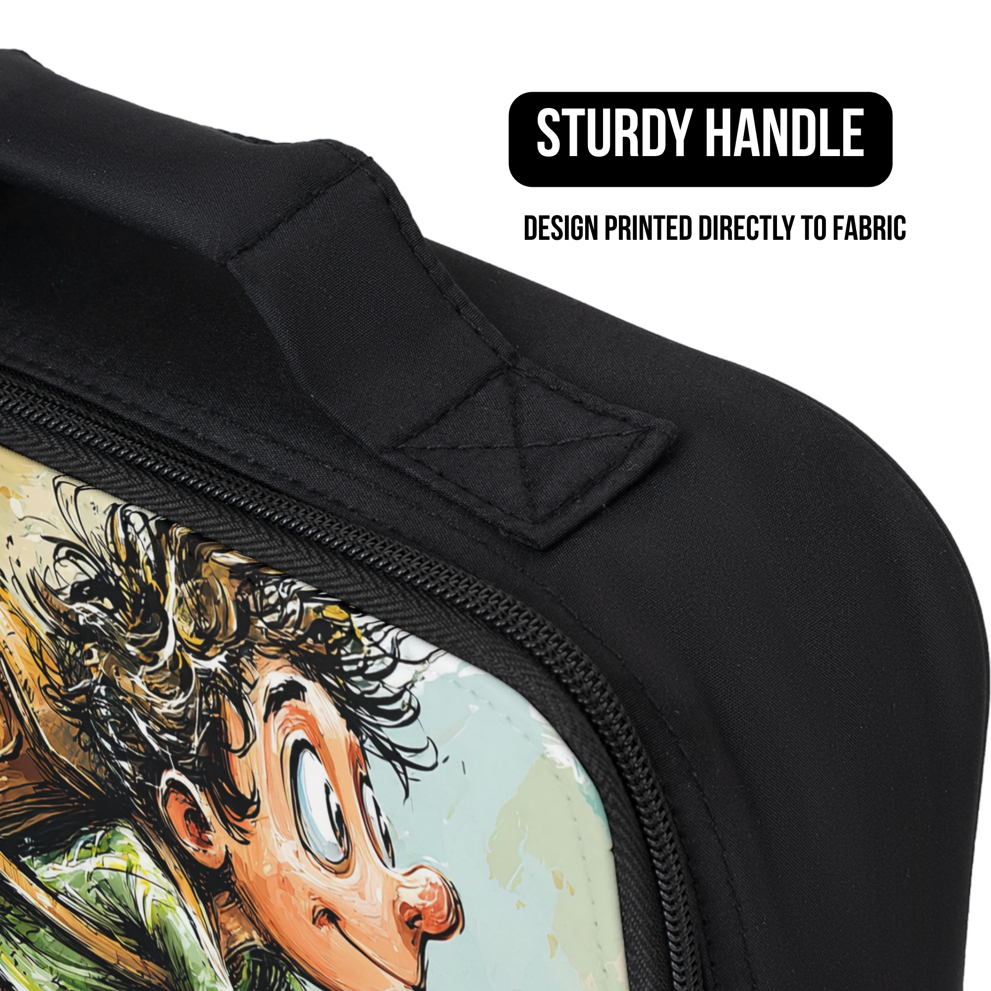 close up of a black lunch bag  with a printed design of a cartoon character on a white background