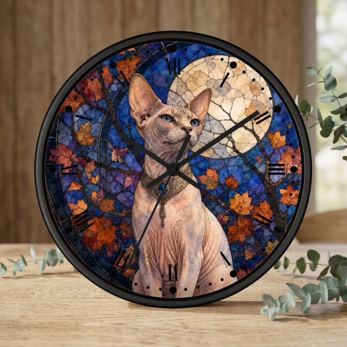 A round wall clock with a black frame featuring a stained-glass-style illustration of a hairless cat in front of autumn leaves and a full moon on a blue background, displayed on a wooden surface with eucalyptus branches.
