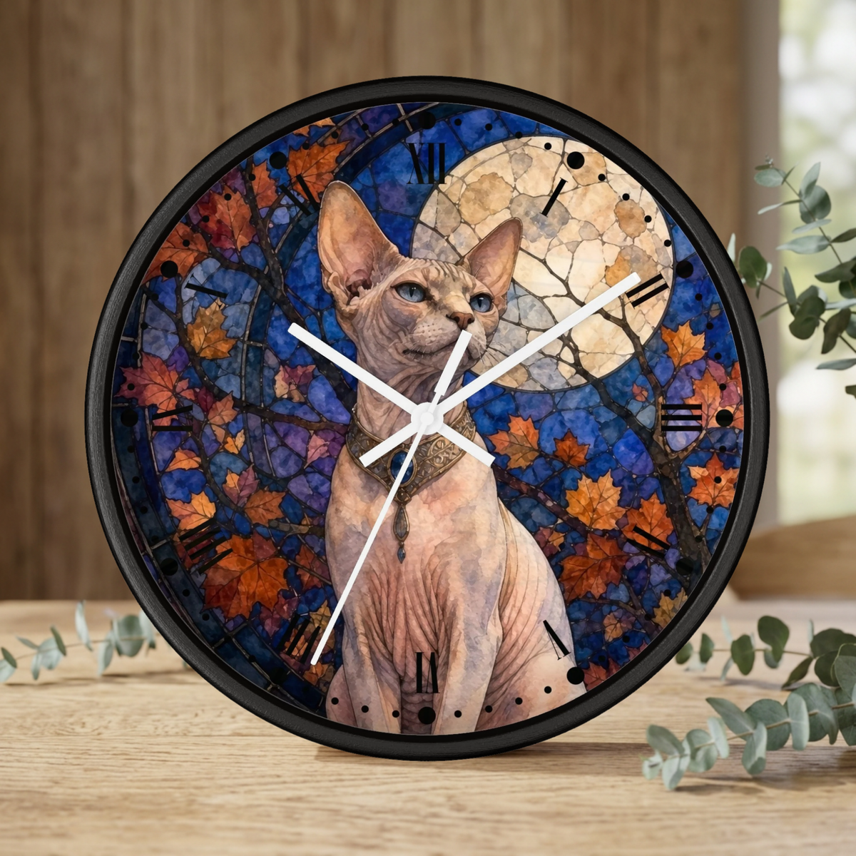 A round black-framed wall clock featuring a printed design of a hairless cat in front of autumn leaves and a full moon on a blue background, shown standing on a wooden surface with eucalyptus branches around it.