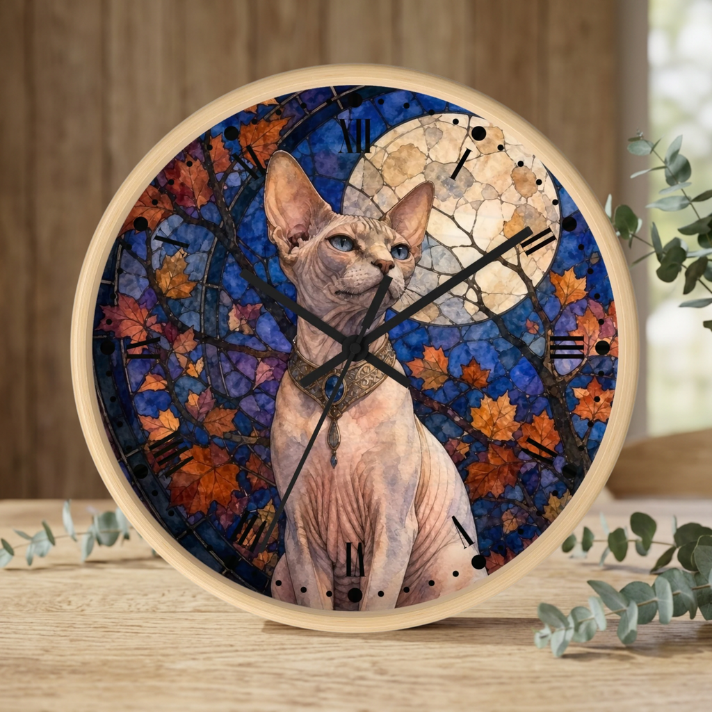 A round wooden-framed wall clock featuring a printed design of a hairless cat in front of autumn leaves and a full moon on a stained-glass-style blue background, displayed on a wooden surface with eucalyptus branches.