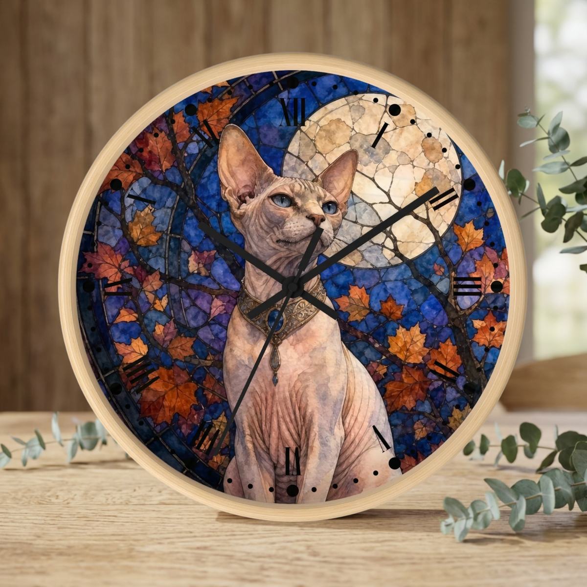 A round wooden-framed wall clock featuring a printed design of a hairless cat in front of autumn leaves and a full moon on a stained-glass-style blue background, displayed on a wooden surface with eucalyptus branches.