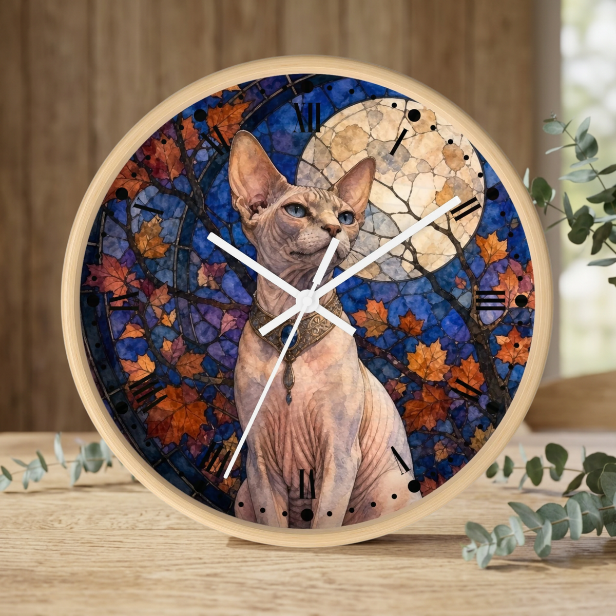 Round wooden clock with a printed design of a hairless cat in front of autumn leaves and a full moon, styled on a wooden tabletop with eucalyptus branches.