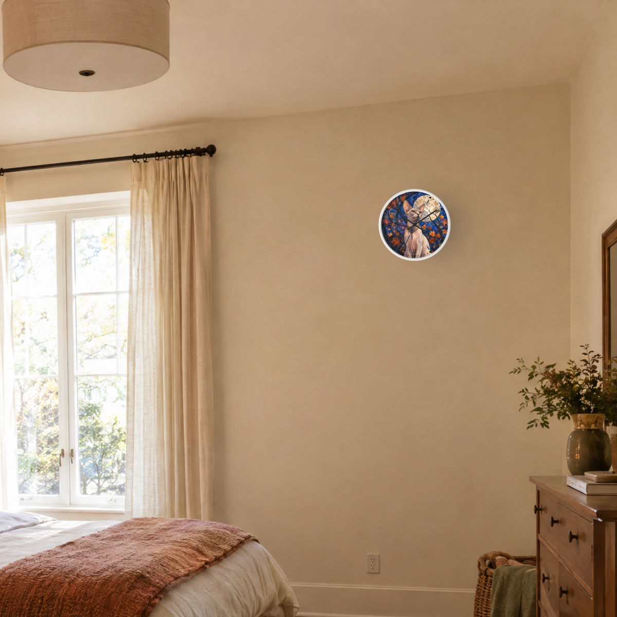 Sphynx Cat Moonlight Wall Clock — Stained Glass Autumn Design