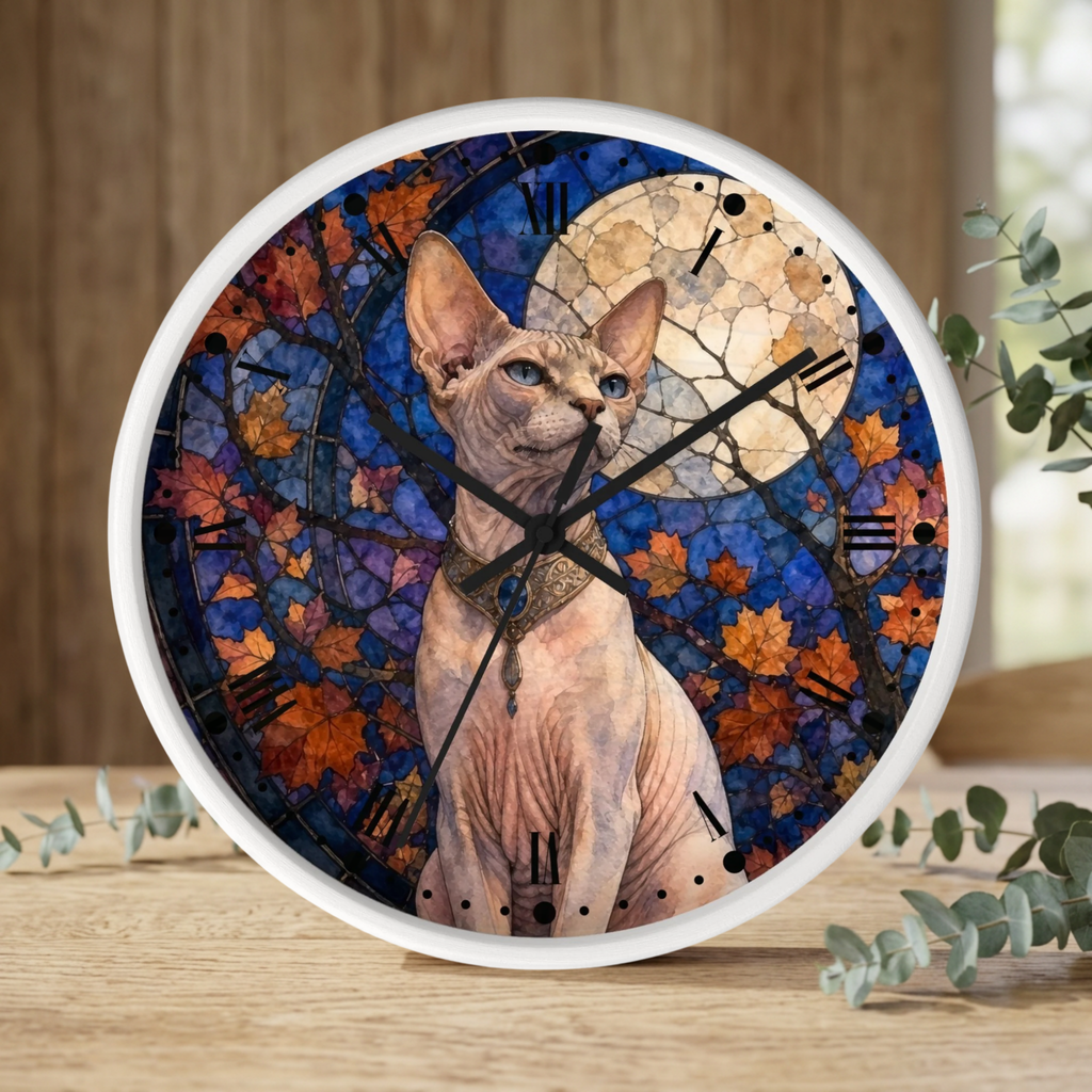 A round wall clock with a white frame, featuring a printed design of a hairless cat in front of a blue stained-glass-style background with autumn leaves and a moon. The clock is shown on a wooden surface with eucalyptus branches.
