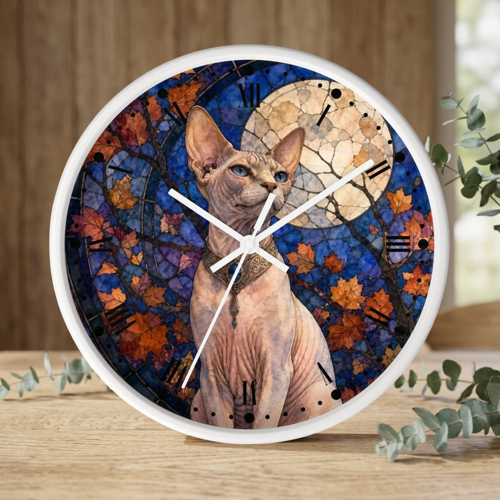 A round wall clock with a white frame, featuring a printed design of a hairless cat in front of autumn leaves and a full moon on a stained-glass-style background. The clock is shown standing on a wooden surface with eucalyptus branches around it.