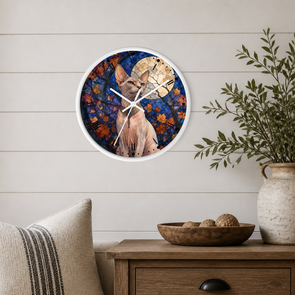 Sphynx Cat Moonlight Wall Clock — Stained Glass Autumn Design